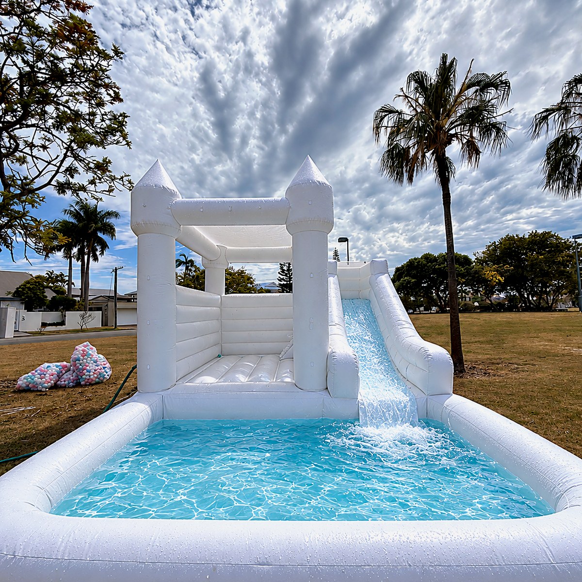 White jumping castle with a water slide running into a splash pool
