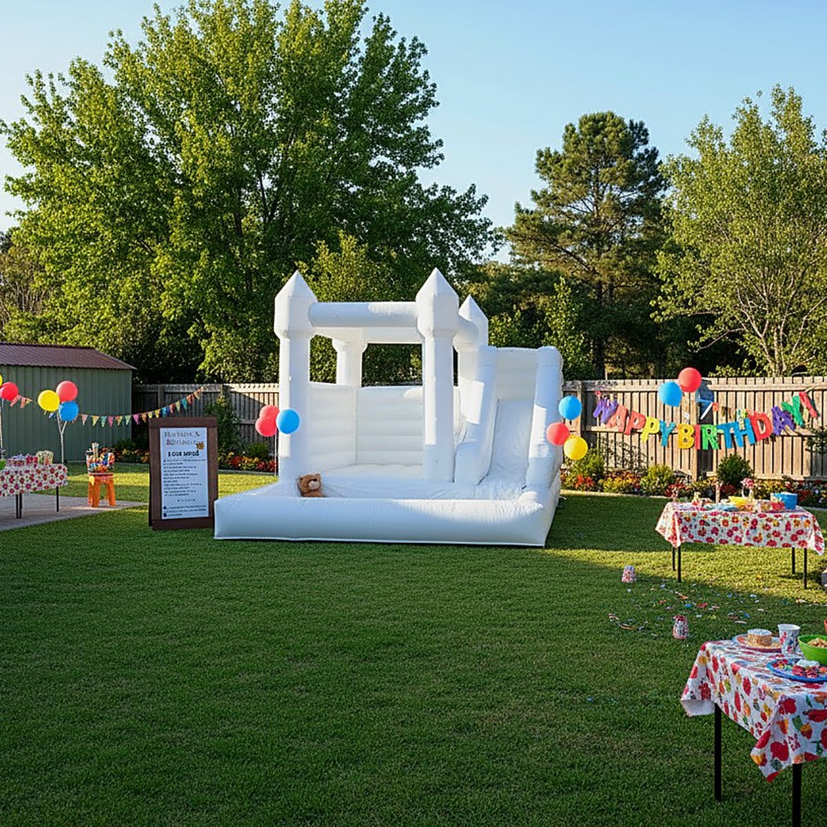 White jumping castle with a slide, available for hire on the Gold Coast