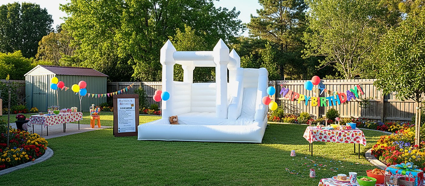 White castle with slide at a backyard birthday party